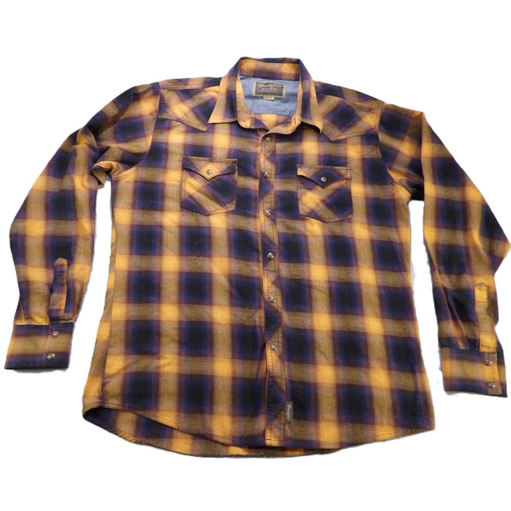 Wrangler Retro Men XL Yellow Blue Plaid Long Sleeves Western Pearl Snap Shirt LS